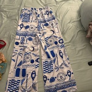Blue & White Wide Leg Printed Jeans - Women